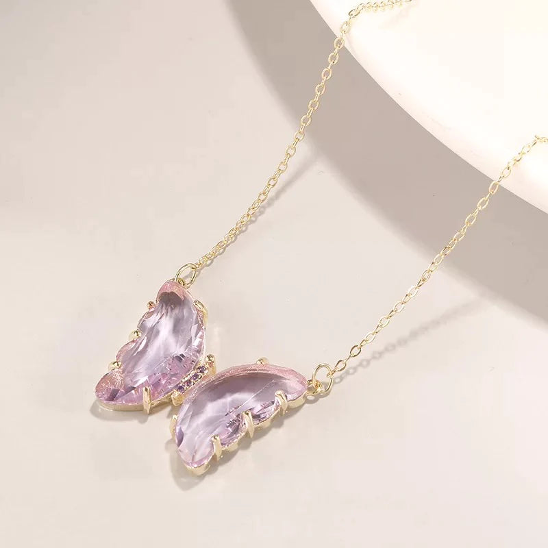 Fashion Butterfly Necklace Purple Crystal Butterfly Pendant Necklace  Creative Ladies Clavicle Chain Relatives and Friends Gifts